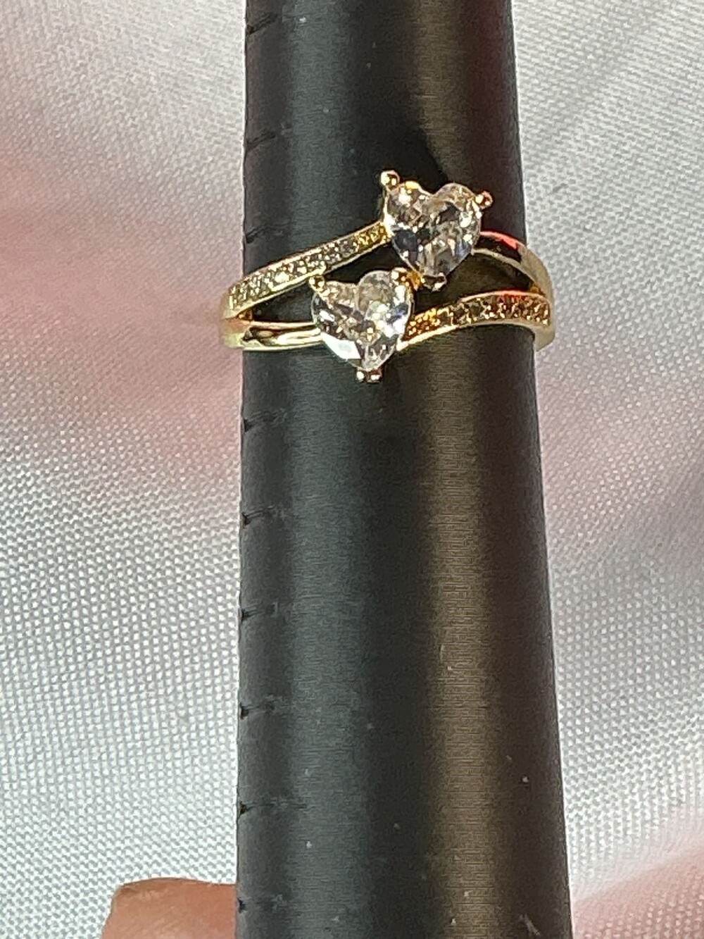 ★ Gold Tone Double Heart Clear Crystal Bypass Ring Size 9 Sparkle Statement